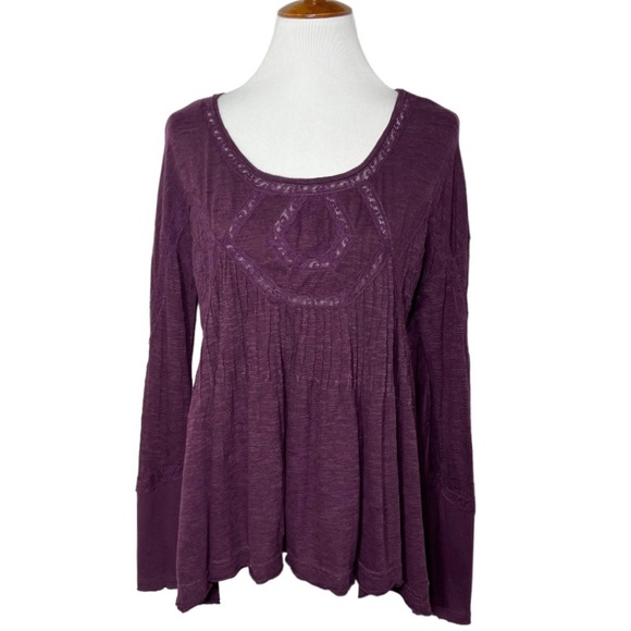 Free People Lace Embroidered Pintuck Pleated High Low Purple Knit Tunic Tee S - Picture 2 of 14